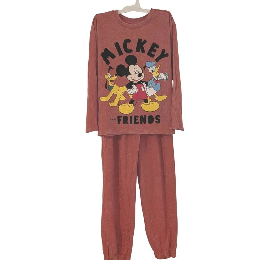 Disney Mickey Friends Kids Mineral Wash 2 Piece Set Red Shirt‎ Pants 7-8 NWOT